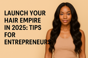 A promotional digital graphic for a blog titled 'Launch Your Hair Empire: From Idea to Income in 2025' 