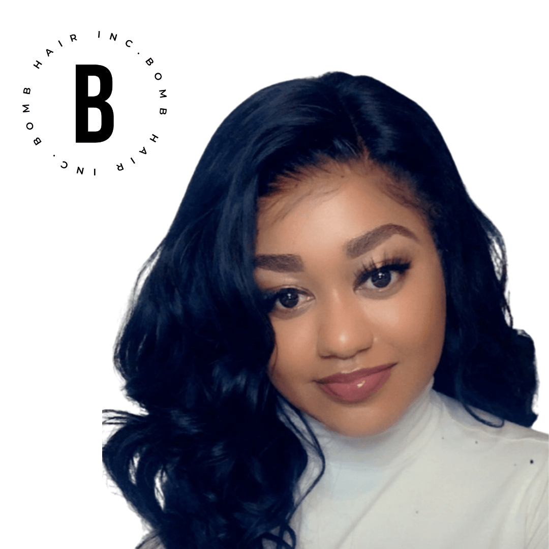 Seamless HD lace wig: A photo of a person wearing an HD lace wig that looks completely seamless and natural, as if it were their own hair. Film Lace Wig - BombDotComHair